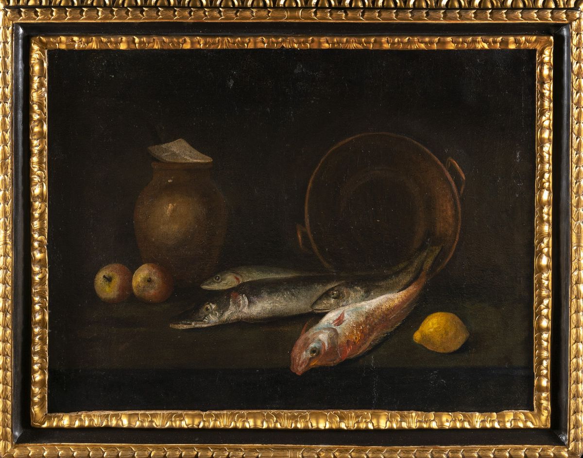 Attribuito a Giovanni Battista Recco (napoli, Circa 1615 - 1660) - Pesci, Frutti e Vasellame su u...