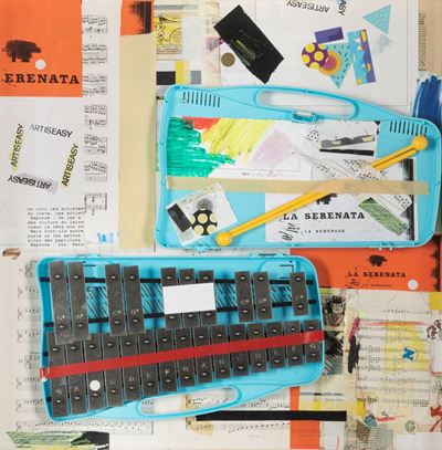 La serenata, collage e tecnica mista su tavola