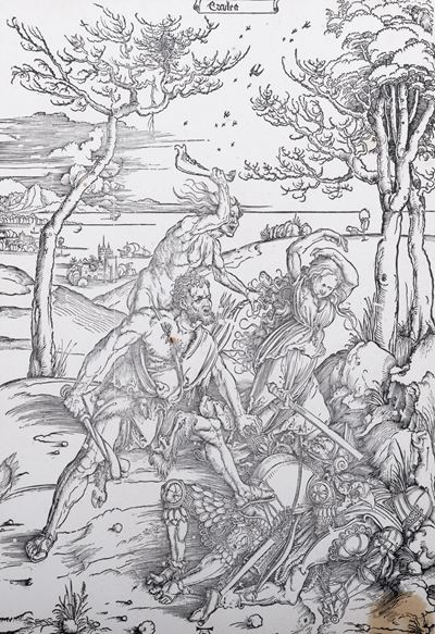 Durer, Ercole combatte i gemelli figli di Molione, silografia