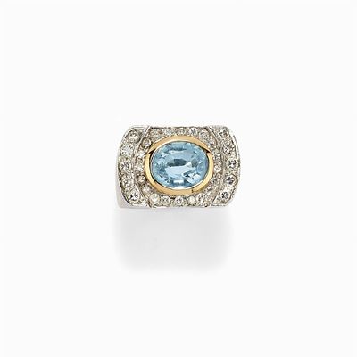 Anello in Oro Bicolore 18k, Diamanti e Topazio Azzurro