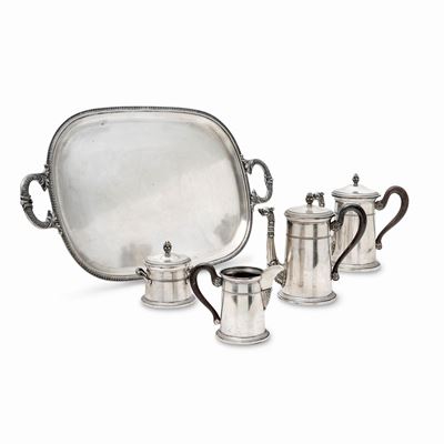 Servizio da tè e caffè in argento con guantiera, Italia, XX secolo