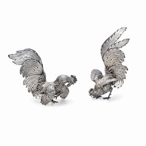 Two silver roosters, Rome 20th Century, Fornari