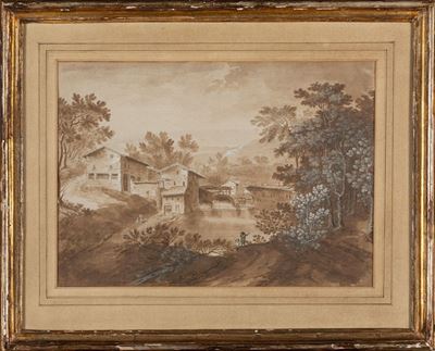 Paesaggio con Diga, Laghetto e Viandanti