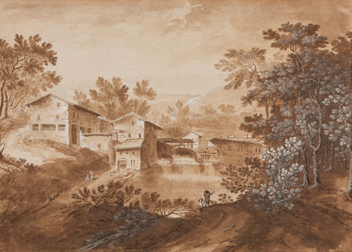 Marco Ricci - Paesaggio con Diga, Laghetto e Viandanti