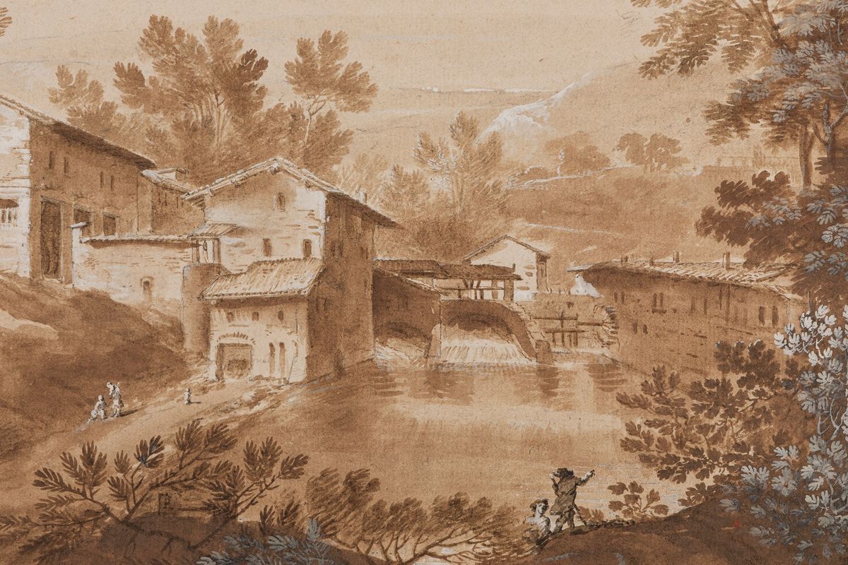 Marco Ricci - Paesaggio con Diga, Laghetto e Viandanti