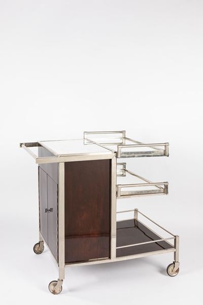 Carrello Bar in metallo cromato e mogano