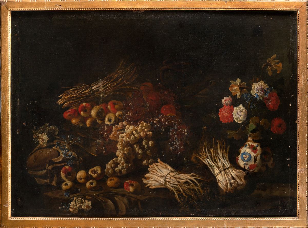 Scuola napoletana, secolo XVII - Mele, uva, asparagi, vaso di fiori en ...