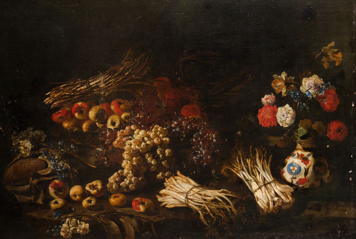 Scuola Napoletana, Secolo XVII - Mele, Uva, Asparagi, Vaso di Fiori En Plein Air