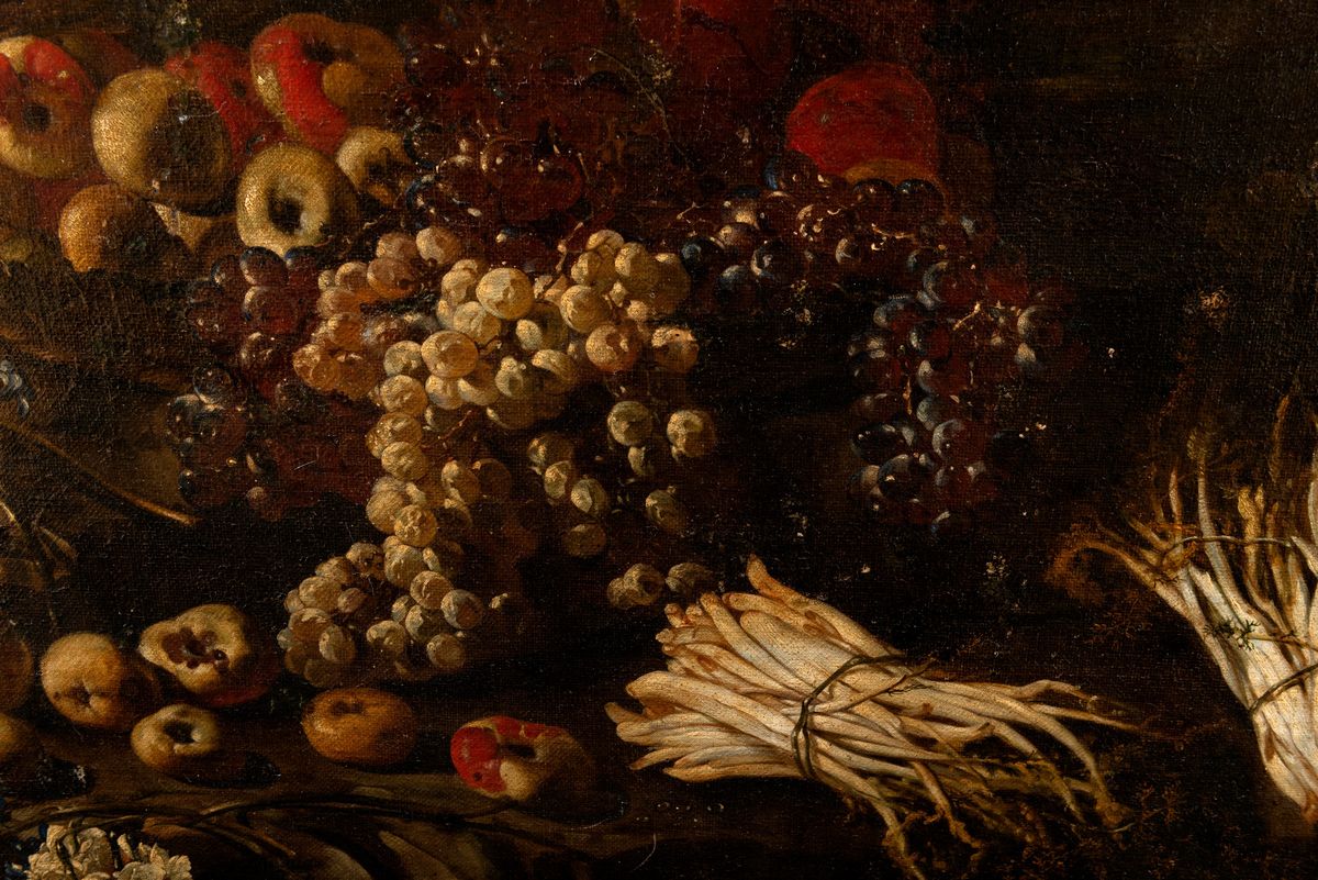 Scuola Napoletana, Secolo XVII - Mele, Uva, Asparagi, Vaso di Fiori En Plein Air
