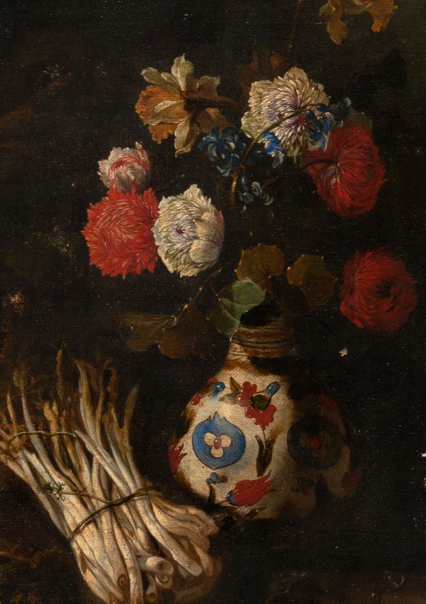 Scuola Napoletana, Secolo XVII - Mele, Uva, Asparagi, Vaso di Fiori En Plein Air