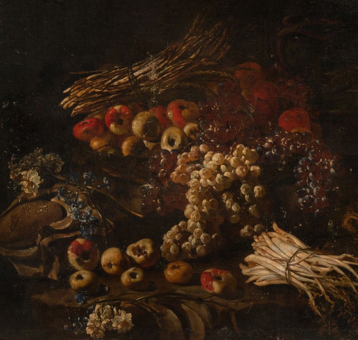 Scuola Napoletana, Secolo XVII - Mele, Uva, Asparagi, Vaso di Fiori En Plein Air