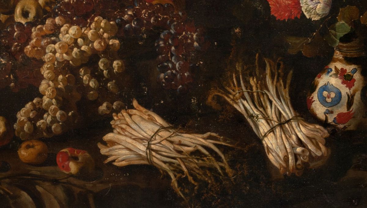 Scuola Napoletana, Secolo XVII - Mele, Uva, Asparagi, Vaso di Fiori En Plein Air