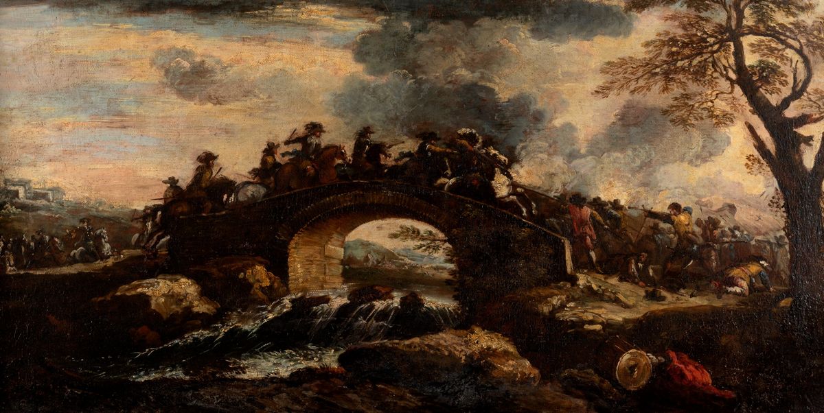 Scuola Italiana, Secolo XVII - Scontro di Cavalieri Presso un Ponte
