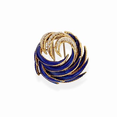 Spilla in oro giallo 18K con diamanti e smalto blu