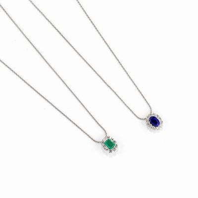 Collane in oro bianco 18K con diamanti, smeraldo e zaffiro