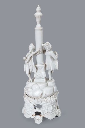 Sculptural group in white majolica from Nove di Bassano depicting two musicians leaning against a column, 18th century
