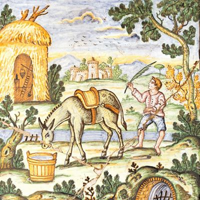 Due Formelle in Maiolica Policroma Raffiguranti Scene Contadine