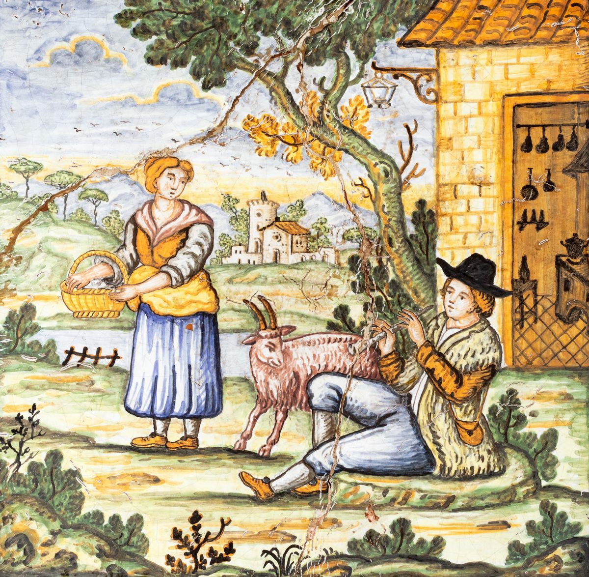 Due Formelle in Maiolica Policroma Raffiguranti Scene Contadine