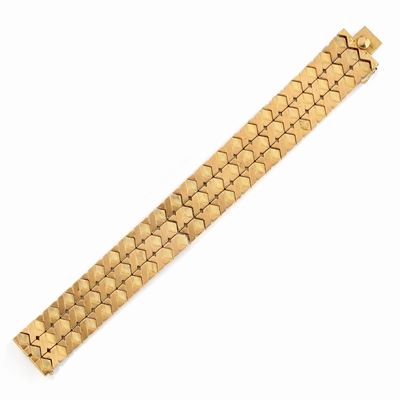 Bracciale in oro giallo 18k, ca. 1950, due file con decoro scanalato