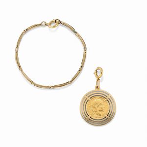 A 18k yellow gold, enamel and coin bracelet, defects