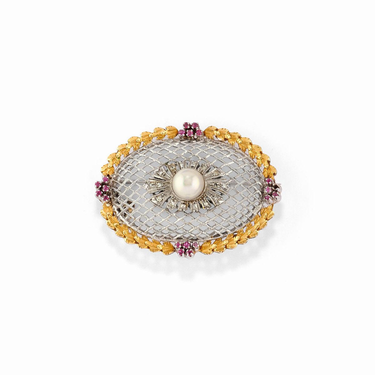 Due pendenti in oro giallo 18k con perla coltivata, rubini e diamanti
