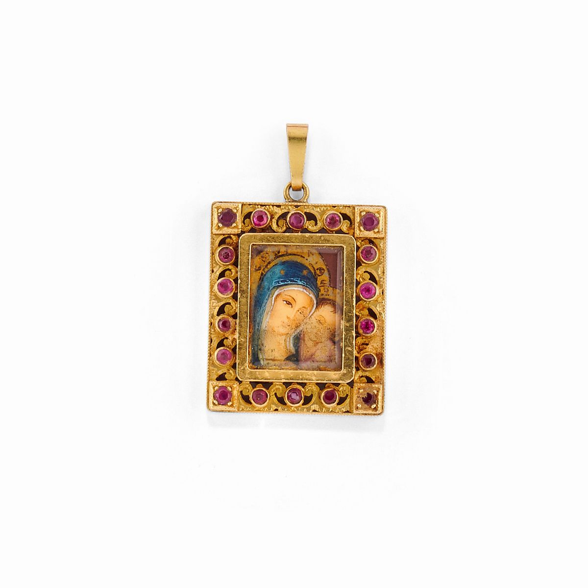 Due pendenti in oro giallo 18k con perla coltivata, rubini e diamanti