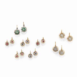 Eight 18K yellow gold, silver, diamond and color stones earrings