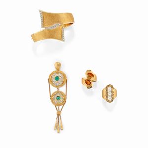 A 18K yellow gold, diamond, pearl and colored stone bracelet, two rings and pendant