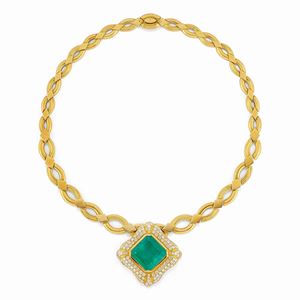  - Collana in oro giallo 18K, smeraldo e diamanti