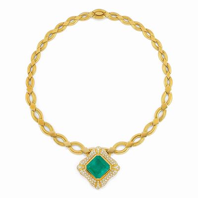 Collana in oro giallo 18K con smeraldo e diamanti