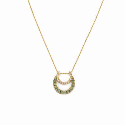 Collana in oro giallo 18K con motivo a due lune in diamanti verdi e incolori