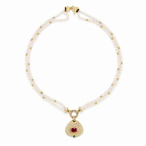 A 18k yellow gold, pearl, diamond, ruby and emerald necklace