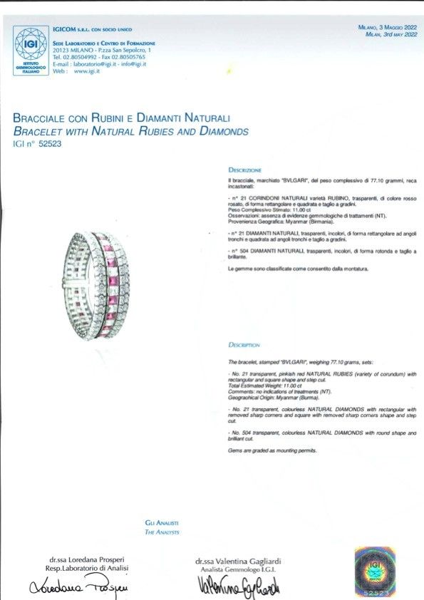 Bulgari - Bracciale in platino con rubini Burma e diamanti, circa 1950
