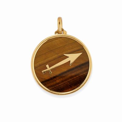 Pendente in oro giallo 18K con occhio di tigre e segno zodiacale del Sagittario
