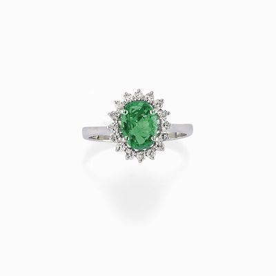 Anello in Oro Bianco 18k, Smeraldo e Diamanti