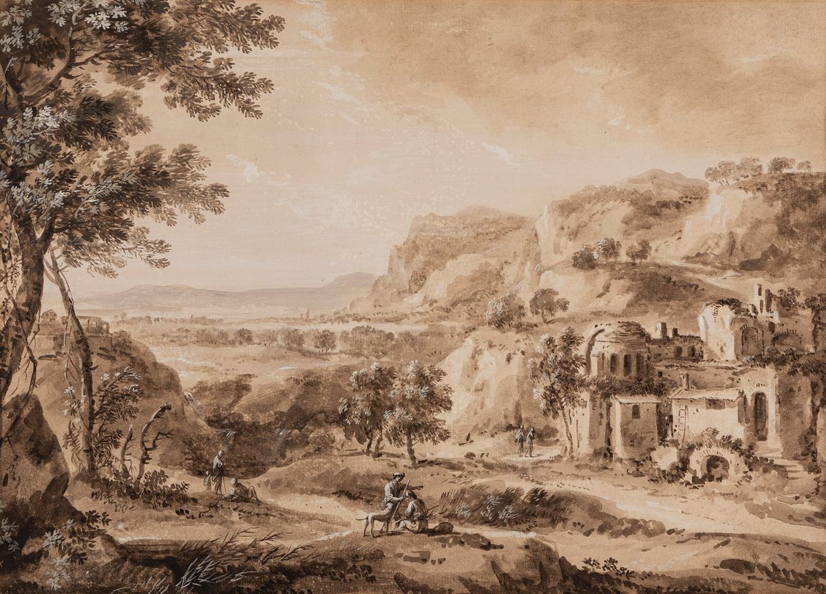 Marco Ricci - Paesaggio con Case Rustiche, Antiche Rovine e Viandanti