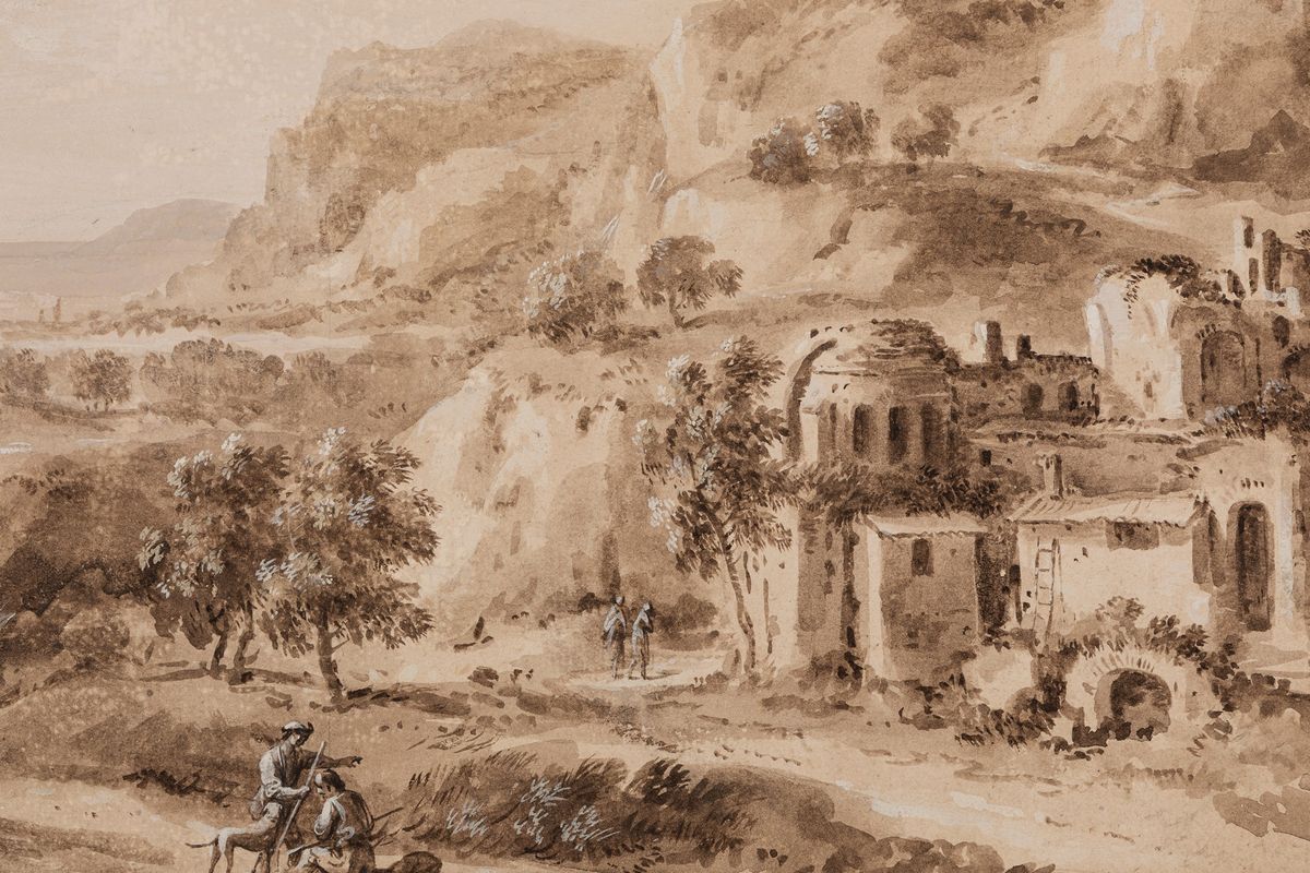 Marco Ricci - Paesaggio con Case Rustiche, Antiche Rovine e Viandanti