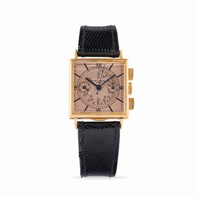 Cronografo carré in oro rosa 18k, anni '40