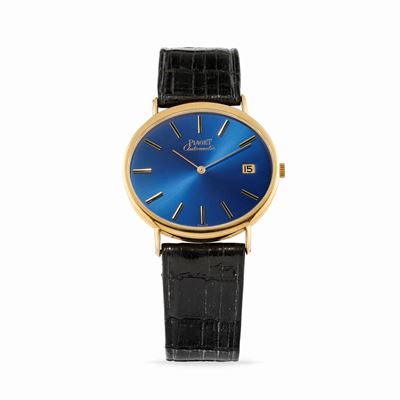 Ellipse, Cassa ellittica in oro 18k con quadrante blu e movimento automatico, anni '80