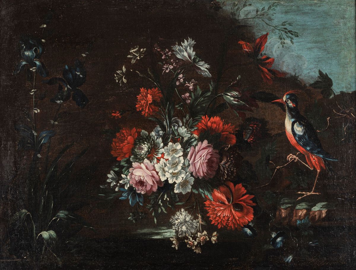 Scuola Emiliana, Fine Secolo XVII - Inizio Secolo XVIII - Composizione di Fiori con Picchio En Pl...