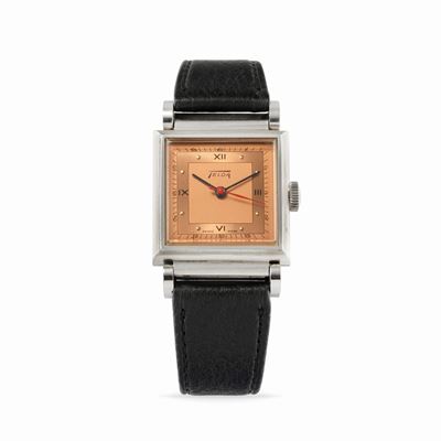Orologio da tavolo solotempo, anni '50, cassa in acciaio con quadrante salmone
