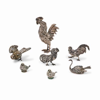 Set di sette animali in argento e sei stecchini decorativi