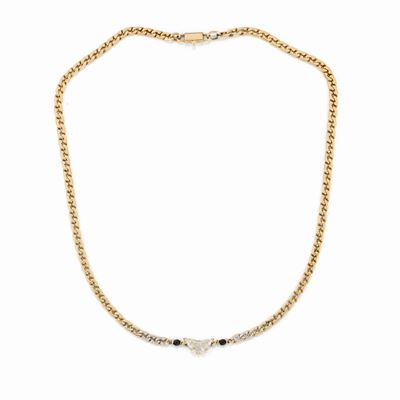 Collana in oro giallo 18K con diamante a farfalla e perline in onice