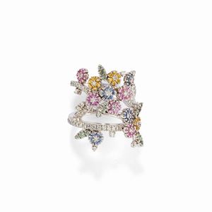 Anello in oro bianco 18K, diamanti e zaffiri multicolori