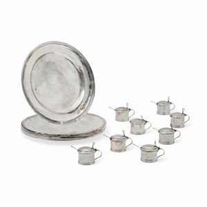 Six silver plates and eight silver salt and pepper with spoon set, Miracoli