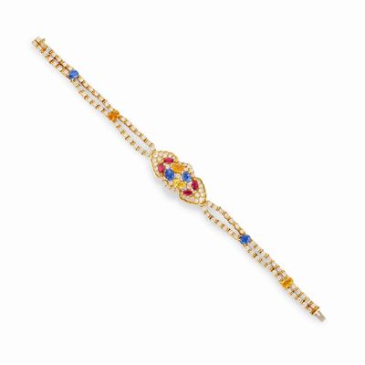 Bracciale in oro giallo 18K con diamanti, rubini e zaffiri multicolori