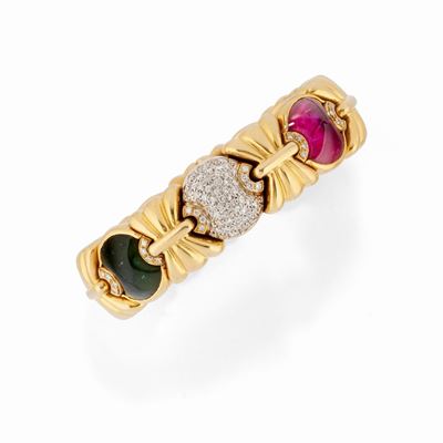 Bracciale in oro giallo 18K con diamanti e tormaline cabochon