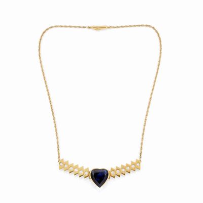 Collana in oro giallo 18K con pietra blu a cuore e diamanti