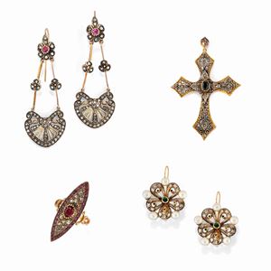 A silver, low title and 18K yellow gold, diamond, pearl and color stone two pairs of earrings, pendant and ring