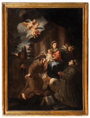 San Francesco, Sant'Antonio da Padova e San Bonaventura da Bagnoreggio (?) in adorazione della Madonna con Bambino